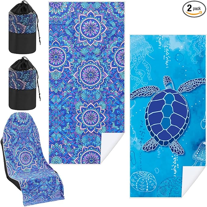 2 Pack Car Seat Towel Covers with Storage Bag 63 x 32 Inch Athletic Running Towel Seat Sweat Washable Non Slip Cover Gift for Car Outdoor Sport Activities (Sea Turtles,Mandala)