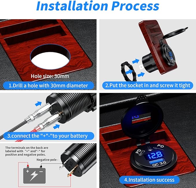 Kewig 12V USB Outlet Car Charge, 108W 3-Port Marine Fast Charger Waterproof Cigarette Outlet USB Replacement with Switch & Voltmeter, Suitable for Boat Golf Cart RV Motorcycle Truck