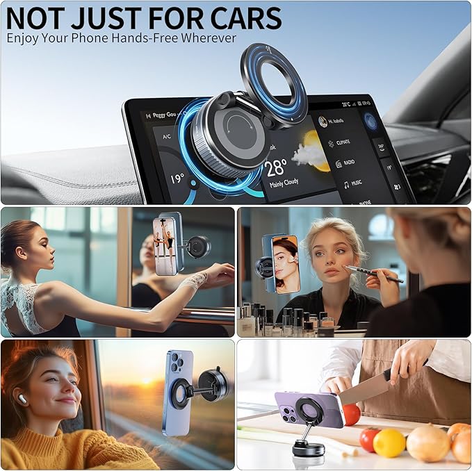 ILKCC Vacuum Suction Magnetic Phone Holder, 2025 Upgraded Vacuum Suction Cup Mount for Magsafe, 360° Adjustable Foldable Portable Magnetic Car Phone Stand for Cars/Gyms/Mirrors/Smooth Surface (White)