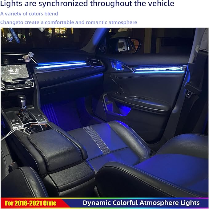 Ambient Lighting Kit Custom for 10th Gen Honda Civic - 256 Color LED Interior Car Lights with Carbon Fiber Trim, APP Control, Plug-&-Play Installation for Doors/Dashboard/Footwell (2016-2021)