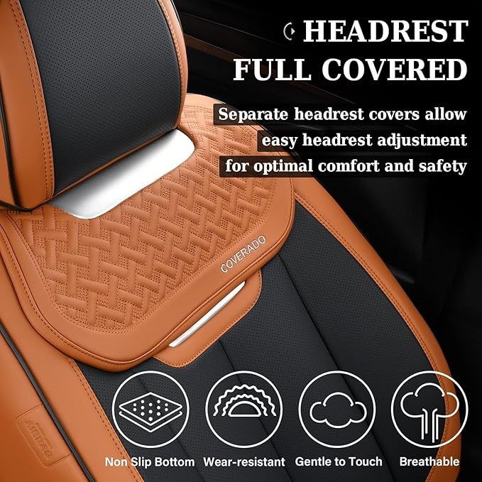 Coverado Car Seat Covers Full Set, Breathable Nappa Leather Seat Covers for Cars, Automotive Seat Covers, Waterproof Front and Back Car Seat Protector Universal Fit Most Cars(Brown&Black)