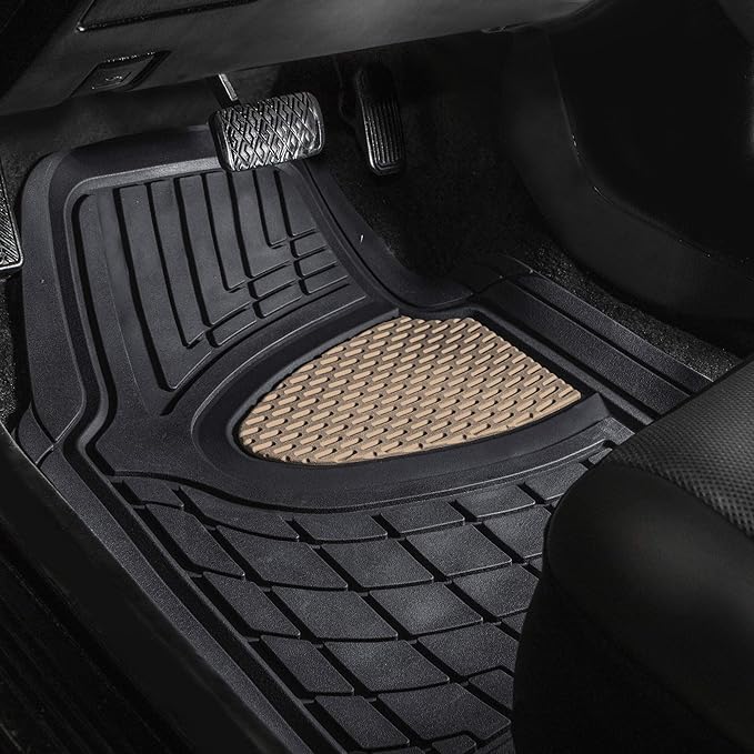 FH Group Automotive Floor Mats Tall Channel Beige Universal Fit Full Set Climaproof™ for Most Sedan, SUV and Trucks, Trimmable Rubber Combo Small Car Seat Cover Design Heavy-Duty Floor Mats for Car