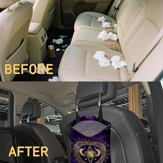 Moon and Star Car Trash Bag,Purple Crescent Moon Hanging Drawstring Car Garbage Bag,Canvas Car Back Seat Organizer with Adjustable Buckle for Men and Women