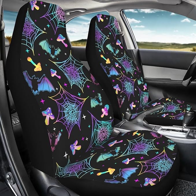 Bat Spiderweb Mushroom Car Front Seat Covers Full Set of 2,Universal Bucket Seats Protector,Fit for Most Vehicles