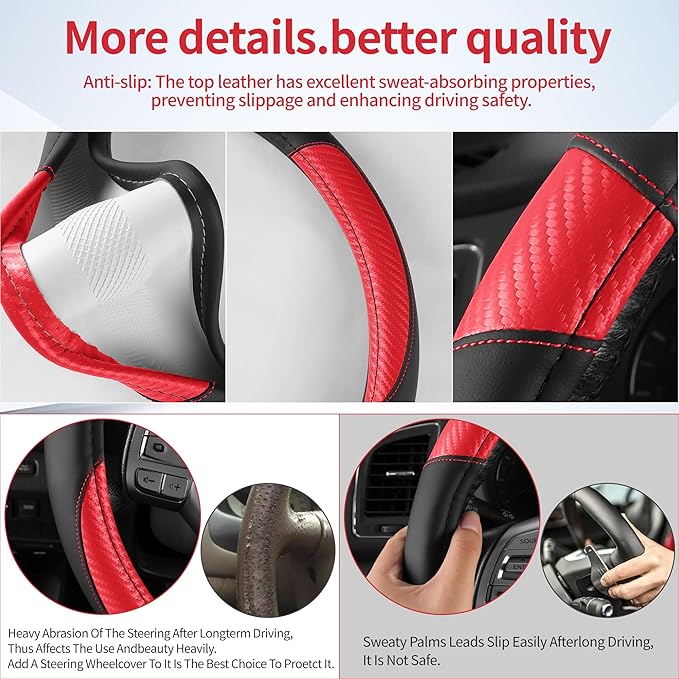 Non-Slip Car Nappa Leather Steering Wheel Cover,Universal Car Accessories Women Men Fit 14" 1/2-15" Suvs/Vans/Sedans/Cars/Trucks,Red