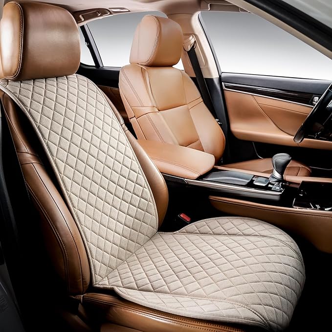 IVICY Faux Linen Front Car Seat Cover – Durable, Non-Slip Seat Protector for Cars – 1 Unit, Light Beige