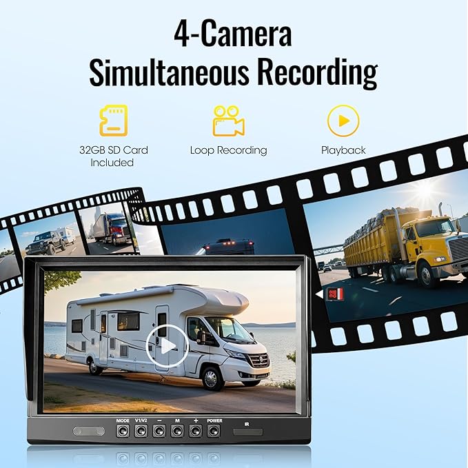 4-Wired Backup Camera System, 10.1" DVR Quad Screen Rear Side View Cameras, IP69 Waterproof IR Night Vision, 20G Vibration-Proof for Trailer/RV/Tractor/Combine/Skid Steer/Heavy Equipment, Y4