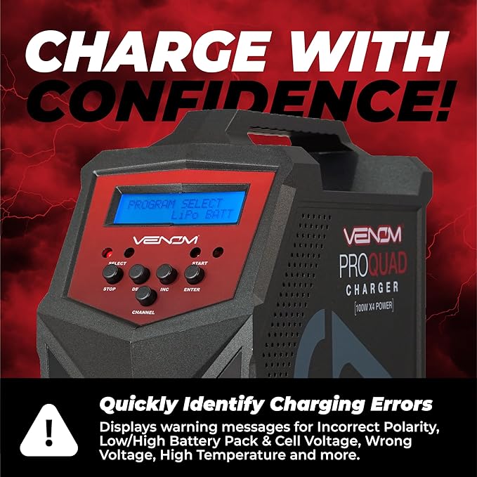 Venom Power - Pro Quad LiPo Battery Fast Charger with LCD Screen - 4 Ports at 100W Each - AC DC 7A Fast NiMH LiHV LiPo Balance Charger Discharger 1S to 6S, Drone, RC Car Battery Charger