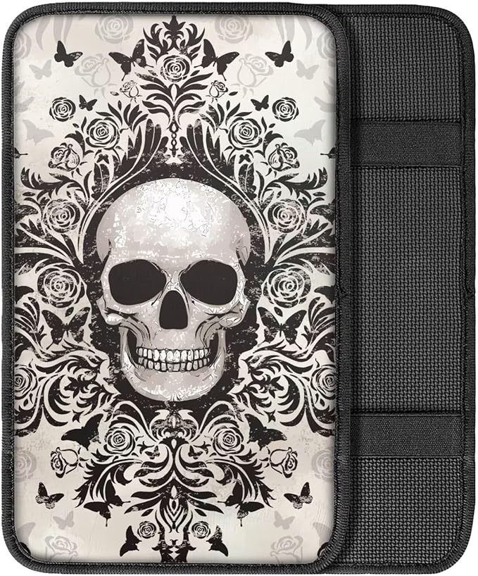Dreaweet Gothic Skull Car Center Console Cover Universal Fit Scratch Resistant Arm Rest Cover for SUV Sedan Soft Comfort Armrest Cover Center Console Cushion Pad