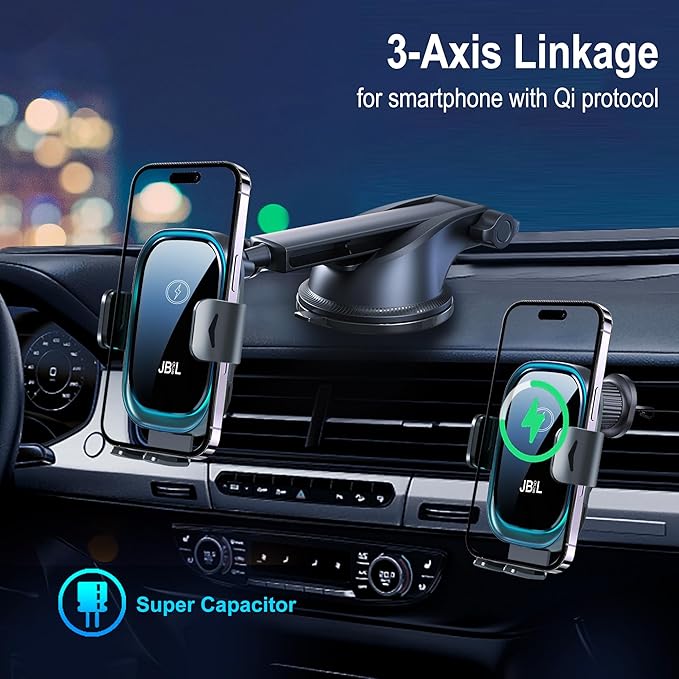 Wireless Car Charger, 3-in-1 Car Phone Holder Car Charger Phones Mount Windshield Dashboard Air Vent Fast Charging Cell Phone Holder with LED Light for iPhone Air Pro Max,Samsung S24/S23