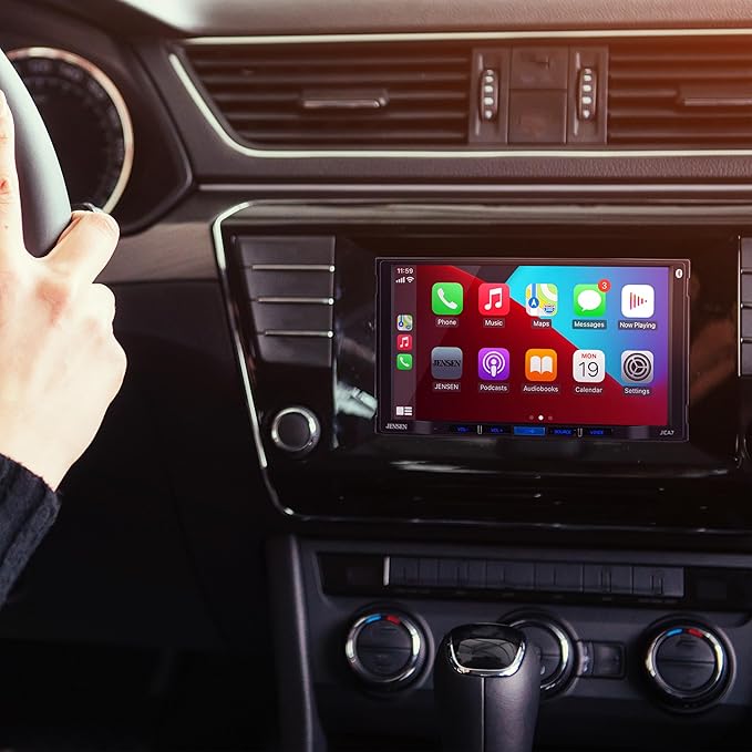 JENSEN J1CA7 7-inch Certified Apple CarPlay Android Auto | Double DIN Touchscreen Car Stereo Radio | Bluetooth Hands Free Calling & Music Streaming | Backup Camera Input | USB Playback & Charging