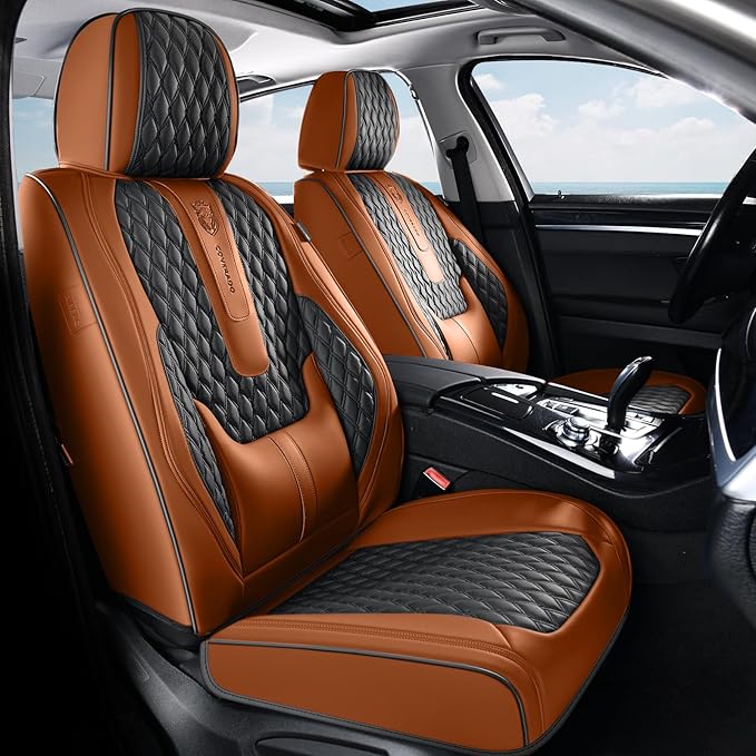 Coverado Car Seat Covers Full Set, Nappa Leather Seat Covers for Car, Waterproof Car Seat Protector with Lumbar Support, Automotive Seat Covers Universal Fit for Most Cars SUV Trucks (Brown-Black)