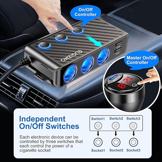 EUGIZMO Cigarette Lighter Adapter, 222W 3 Socket Car Cigarette Lighter Plug USB Charger Multi Port 12V Car Plug Outlet Splitter with LED Voltage Display Independent Switches