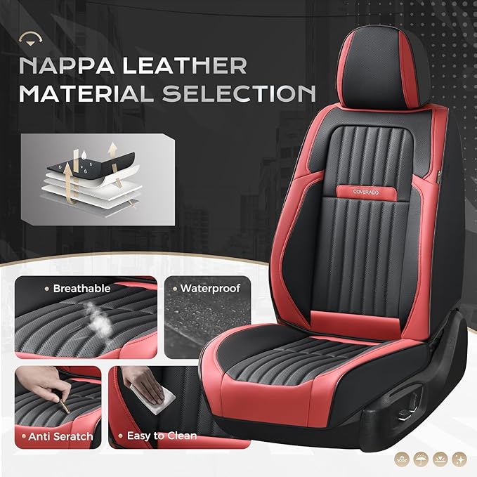 Coverado Car Seat Covers Front Seats, Seat Covers for Cars, Car Seat Protector, 2-Pack Car Seat Cushion Nappa Leather, Waterproof Seat Covers Carseat Cover Universal Fit for Most Cars(Red&Black)