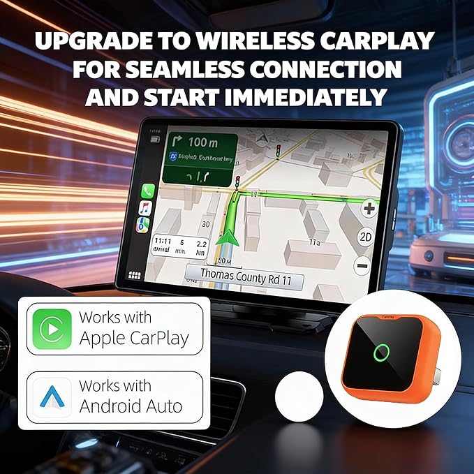 2-in-1 Wireless CarPlay Adapter for iPhone & Android Auto, Mini Wired to Wireless Dongle, Plug & Play, Stable Connection, iOS 10+/Android 11+, Lifetime OTA Updates (Not for BMW/Tesla)