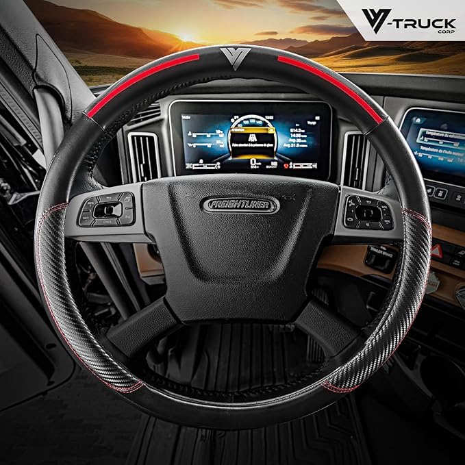 18-Inch Genuine Leather Steering Wheel Cover for Semi Trucks – Black with Red Stripes, Universal Fit Heavy-Duty Non-Slip Grip, Comfortable Control, Easy Installation