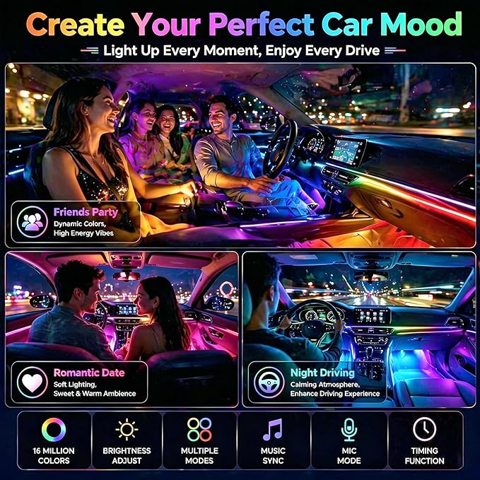 Car LED USB Interior Strip Lights with Remote Control, Dream RGB Color Car Ambient Lighting APP Control, Multicolor Footwell Under Dash Chasing Inside Light Kits for Cars ATV Truck, DC5V