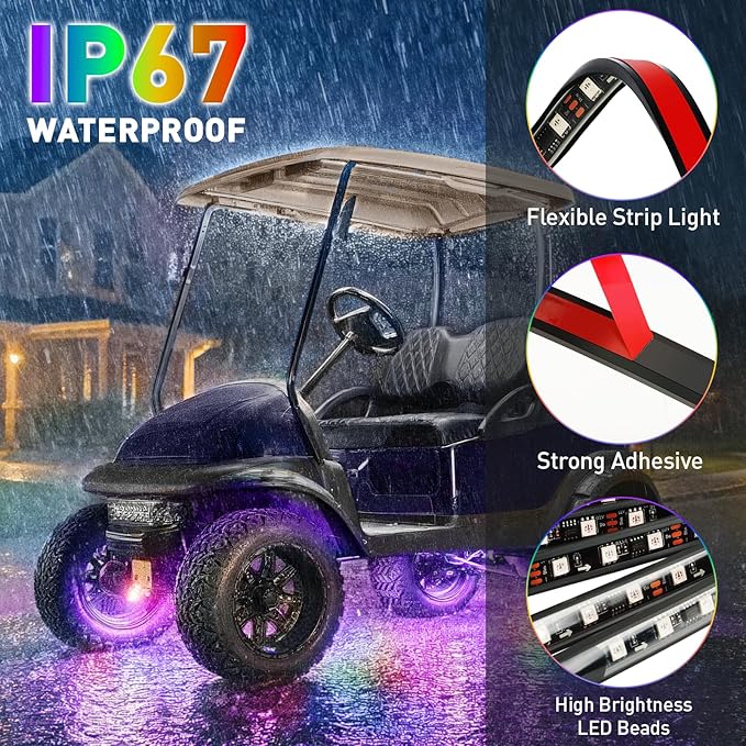 Golf Cart Underglow LED Light Strip Kit, 28 RGB Modes with Music Sync & Wireless Remote | 12-85V Wide Voltage, Fit Club Car, EZGO, Yamaha (2/4/6 PCS)