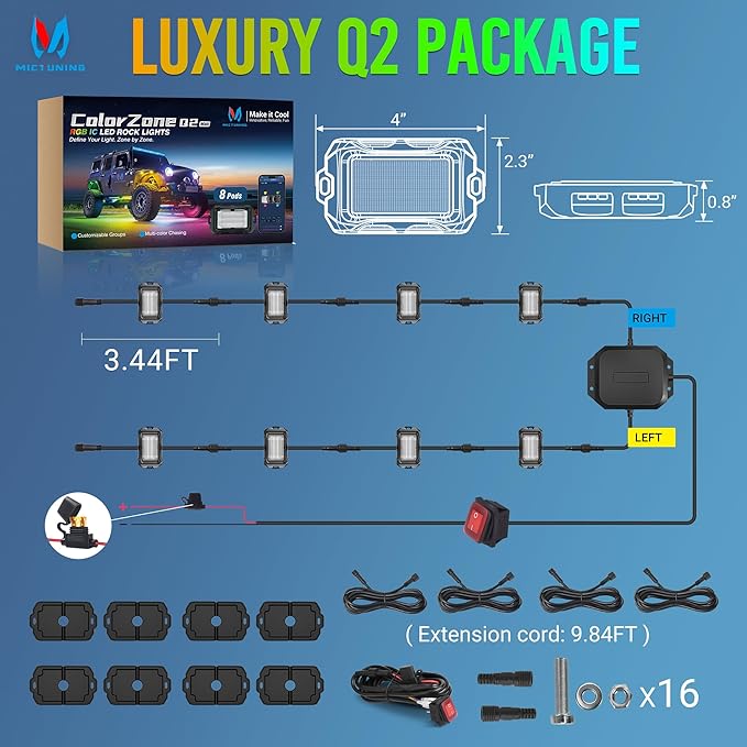 MICTUNING Q2+ MAX RGB+IC Rock Lights - 8 Pods Multi-Color DIY Effect Underglow Neon Kit, Individual Group Control, APP Music Sync, IP68 Waterproof