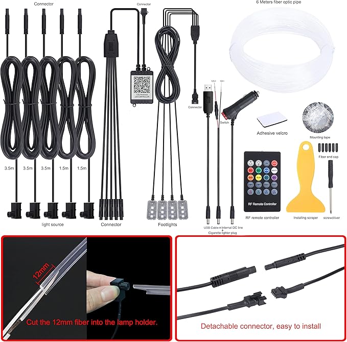 Car Atmosphere Light Kit 6m Fiber Optic Multicolor Sound Active Music Sync Memory Function RF Remote Controller + Bluetooth APP Control 64 Colors USB Car Interior Footwell Ambient Lighting Kit