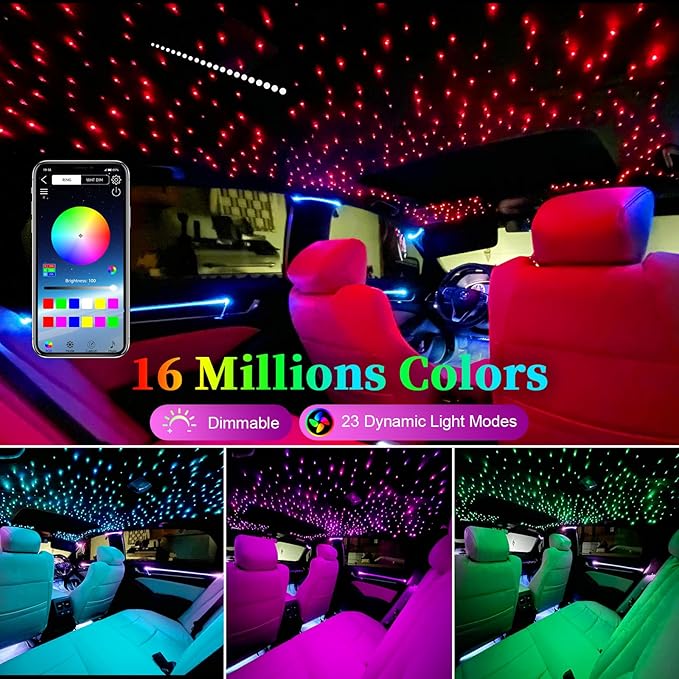Twinkle & Meteor Starlight Headliner Kit for Car 0.03in x 9.8ft 750 Strands for Ambient Interior Decor 16W RGBW Fiber Optic Star Light Engine, 200 White Shooting Stars
