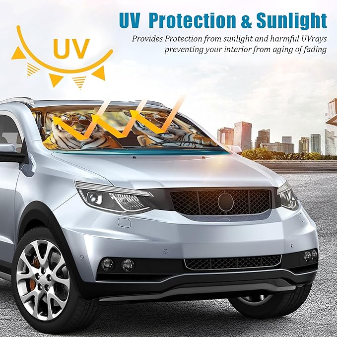 Tiger Car Windshield Sun Shade Foldable Sunshade Front Window Cover Sun Visor Protector Accessories (59x27.5 inches)