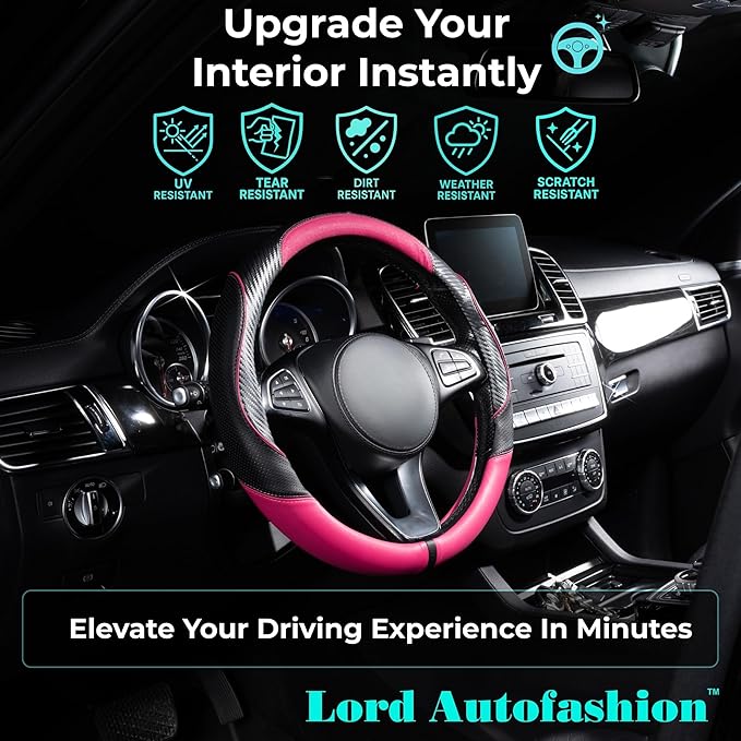 Lord Autofashion Steering Wheel Cover – PU Leather, Non-Slip Rubber Inner, All-Season Comfort – 14.5–15 Inch (Black/Pink 7685)