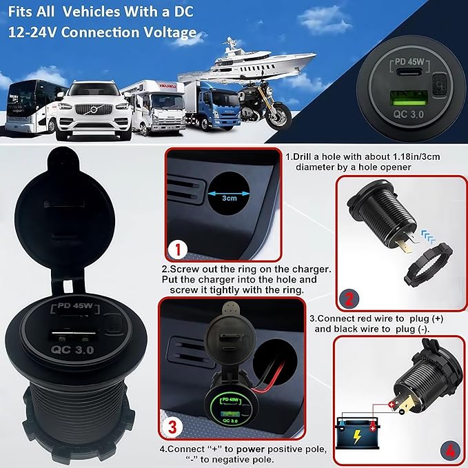 45W PD & 18W QC3.0 USB Laptop Car Charger Power Socket, Marine Type-C/USB C Port Fast Charging Adapter, 12V USB Power Outlet with ON/Off Switch Button Waterproof Cover for Boat RV Truck Golf (Green)