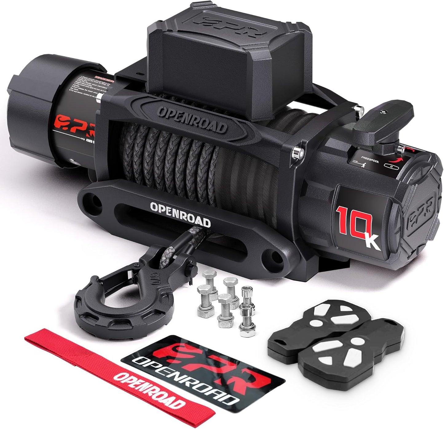 OPENROAD 10000 lb. Waterproof IP68 Electric Winch, 12V Electric Truck Winch Synthetic Rope Kit, with 2 Wireless Handheld Remotes and Wired Handle 4WD Recovery Winch(10000lbs Synthetic Rope)