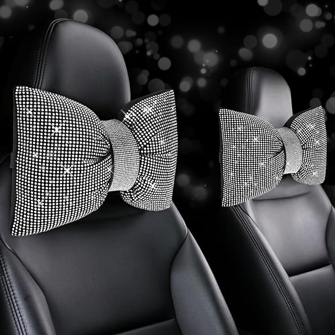 4 PCS Bling Car Pillows,Rhinestones Bowknot Car Headrest Pillow,Car Neck Pillow for Driver Relax Necksupport,Sleeping Travel Support Neck Pillow,Shiny Diamond Interior Accessories for Women,White