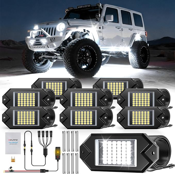 Hovano 8Pods Alloy White Rock Lights Kits with Extension Wires,6000K Pure White Color 42 LED Super Bright Chips IP68 Waterproof Underglow Kit for Pickup Off Road Trucks SUV ATV UTV Golf Car Boat