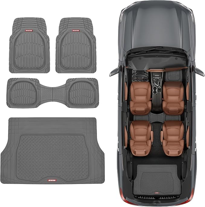 Motor Trend FlexTough 4-Piece Heavy Duty Floor Mats for Cars Trucks SUVs, Automotive Floor Mats Car Mats Full Set Front, Rear & Cargo, Trim-To-Fit Semi-Custom Deep Dish All Weather Rubber Mats - Gray