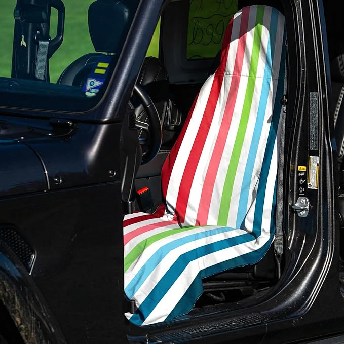 2 Pack Car Seat Towel Covers, Sweat Protector for Front Seats, Premium Thickened Microfiber with Colorful Rainbow Stripes, Breathable & Quick Dry, Slip-on Headrest Pocket for Gym, Beach, Running