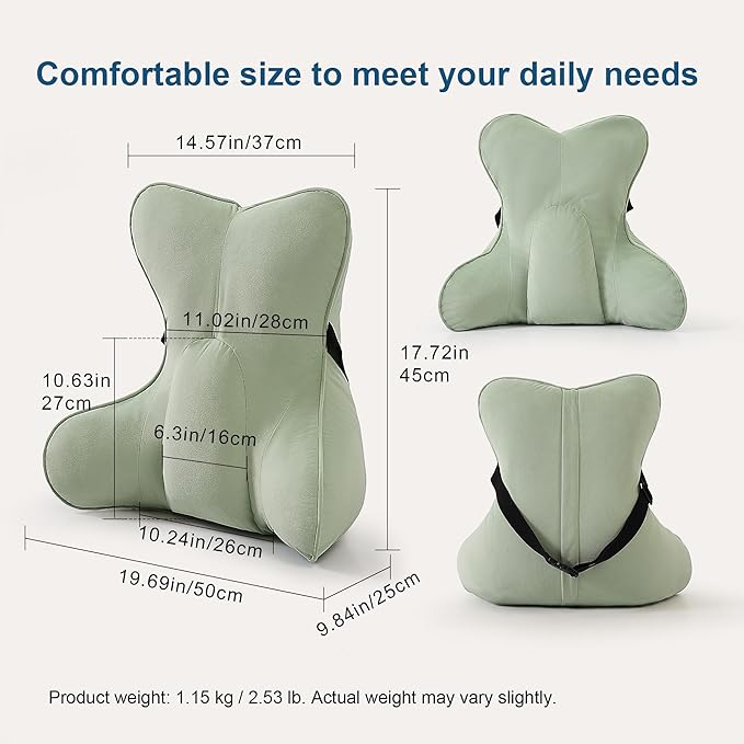 Lumbar Support Pillow (Pat. Pend) for Couch & Recliner, Ergonomic Chair Back Support for Lower Back Pain Relief, Back Support for Couch, with Adjustable Strap to Stay in Place, Celadon Green