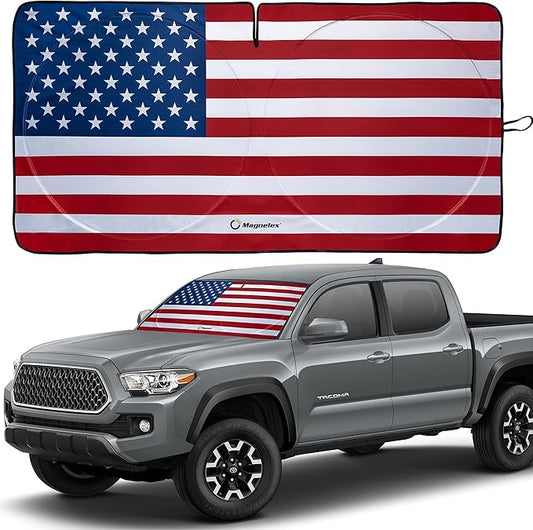 Magnelex American Flag Windshield Sun Shade, High-Resolution Car Sun Shield with Mirror Cut-Out for Automotive Interior Sun Protection Heat Reduction, Folding Car Sunshade - Small