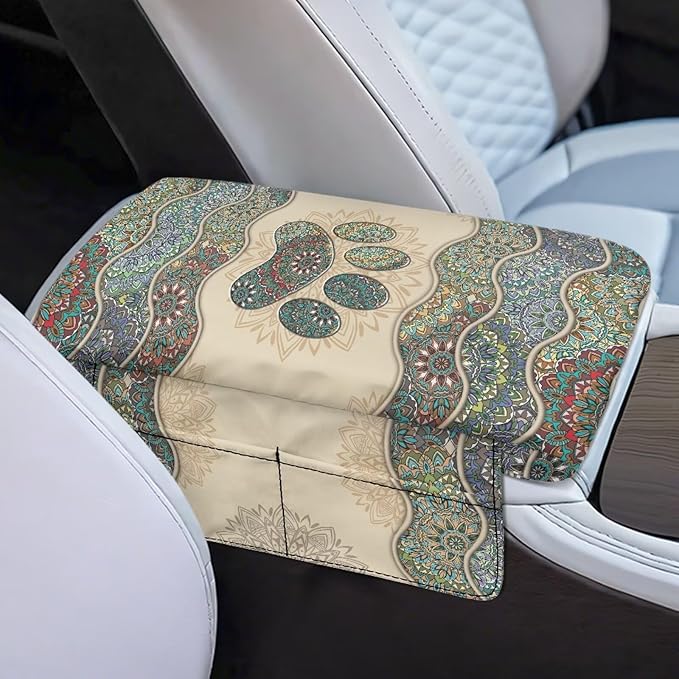 Tupalatus Mandala Flowers Car Center Console Cover Soft Paw Universal Armrest Cover Car Accessories Interior with 2 Storage Bags Easy Installation Universal Fit for Car SUV Trucks