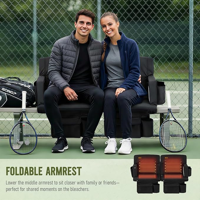 Overmont Heated Stadium Seat with Back Support – 3 Heat Levels, Dual-Zone Independent Control, 6-Position Recliner, Wide Cushion Dual Hooks Multiple Pockets – Bleacher Chair for Sport Camping Concerts
