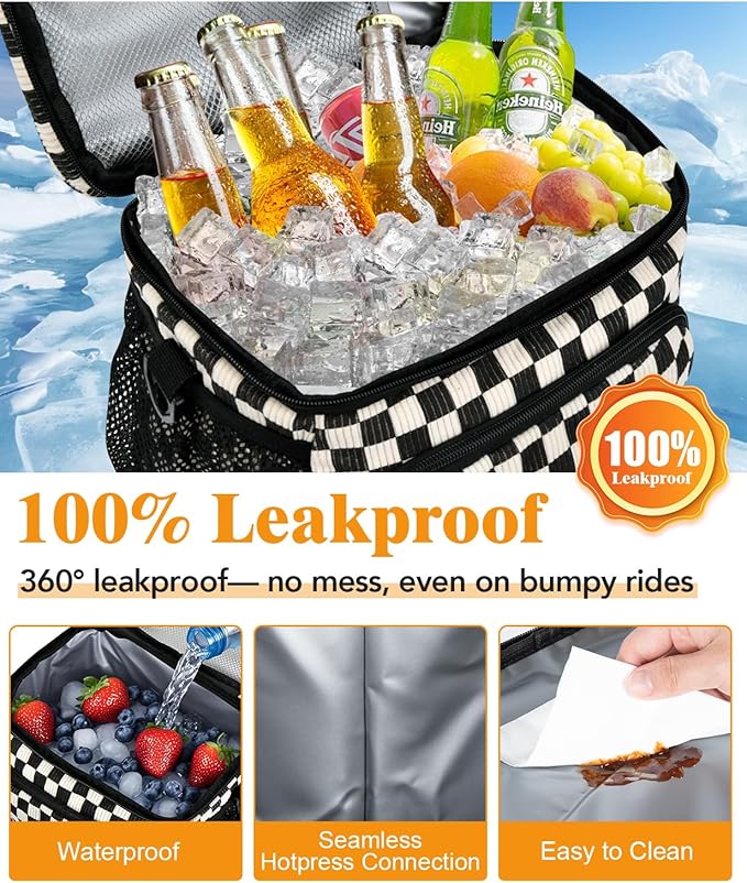 Insulated Lunch Bag for Men & Women, 9L Leakproof Lunch Box Soft Cooler Tote with 5 Pockets, 600D Oxford, EVA Lining, Adjustable Strap for Work, Picnic, Beach&Travel-Corduroy Black Checkered