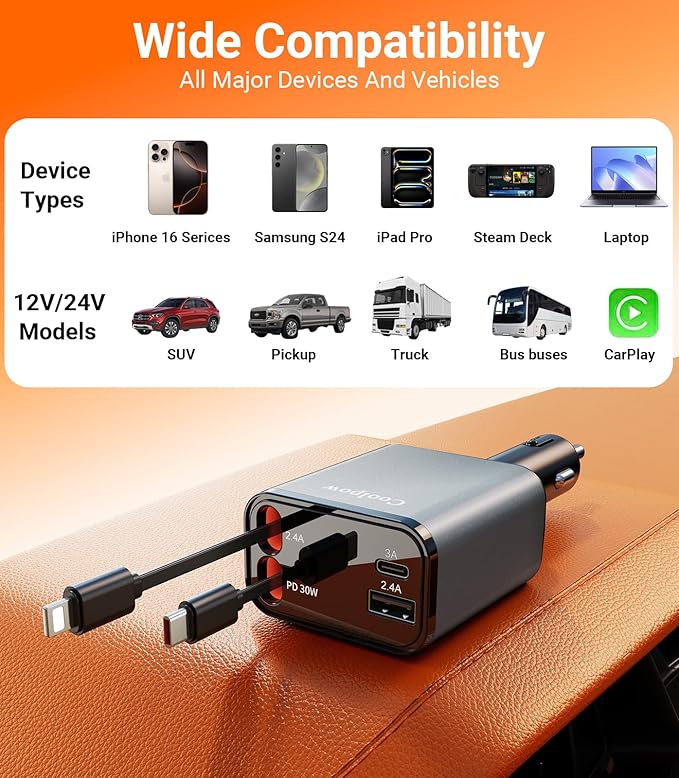 Retractable Car Charger【Fast Charger】 USB C Car Charger 【180°Rotation】 Cigarette Lighter Adapter, 4 in 1Car Charger for iPhone 16 Pro Max 15 14 13 12, for Galaxy S25 S24 S23,Pixel