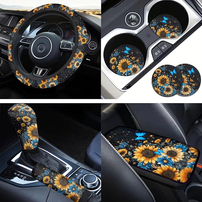 Blue Sunflower Print 6pcs Steering Wheel Cover Car Accessories for Women Men Butterfly Cup Coaster Handbrake Cover Fit Auto,Suvs,Truck