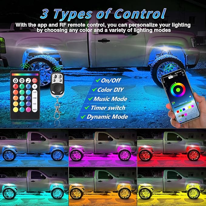 12Pods RGB LED Rock Lights Kit with APP/RF Remote Control Dual Zone Brake, Car Underglow Lights Multicolor Neon Underbody Lights Waterproof 12V for Trucks Pickup Jeep Golf Cart SXS ATV