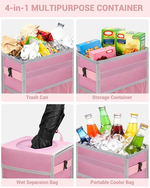 Capolo Car Trash Can with Lid, Leakproof Car Trash Bag Hanging Waterproof Automotive Garbage Can with Storage Pockets Mini Vehicle Trash Bin for Back/Front Seat(Pink,3 Gallon)