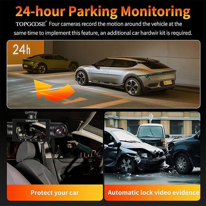 360 Degree View 4 Channel Dash Cam Front and Rear Inside Left Right, TOPGOOSE Dash Camera for Cars FHD 1080P,Free 64GB Card,Multi-Ch Dash Camera for Cars,Black Box Trafflc Recorder,G-Sensor