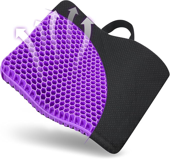 Gel Seat Cushion, for Long Sitting -Double Thick Gel Seat Cushion Breathable Honeycomb Chair Cushion with Non-Slip Cover for Office Chair Car, Wheelchair, Long Trips,Relief Sciatica Pain