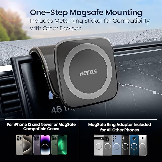 aetos for iPhone MagSafe Car Mount Phone Holder Fits iPhone 17/16/15/14/13/12 Pro/Plus/Max and Android Phones with Ring Adaptor. 360° Rotating Head & Bendable Alloy Arm for a Simplicity Modern Design