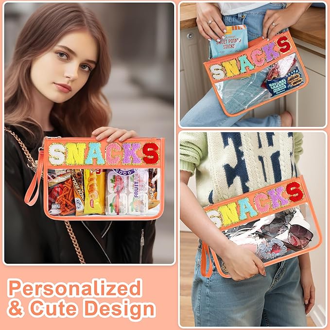 Snack Bag for Travel - Clear Chenille Varsity Letter Flat Pouch with Zipper, 12.2×8.46 inch Waterproof Clear Nylon Preppy Patch Makeup Cosmetic tote Bags for Women Girls