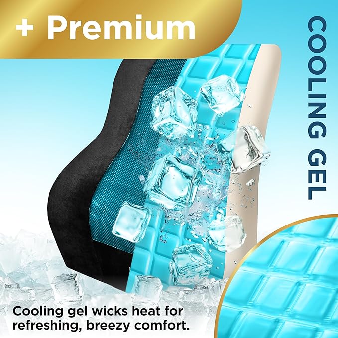 BLACK+DECKER Memory Foam Lumbar Support Pillow with Cooling Gel – High Back Lumbar Cushion for Office, Car, Wheelchair & Airplane – Ergonomic, Pain Relief, Adjustable Strap, Washable Cover,Black/Grey