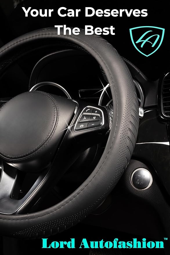 Lord Autofashion Steering Wheel Cover – PU Leather, Non-Slip Rubber Inner, All-Season Comfort – 14.5–15 Inch (Black 9356)