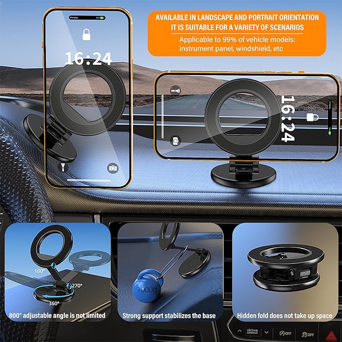 Magnetic Car Phone Holder, N55 Strong Magnets, 360° Rotation Dashboard Magnetic Phone Holder for Car, Folding Car Magnet Phone Mount for iPhone 16 15 14 13 Pro Max (Round-2)