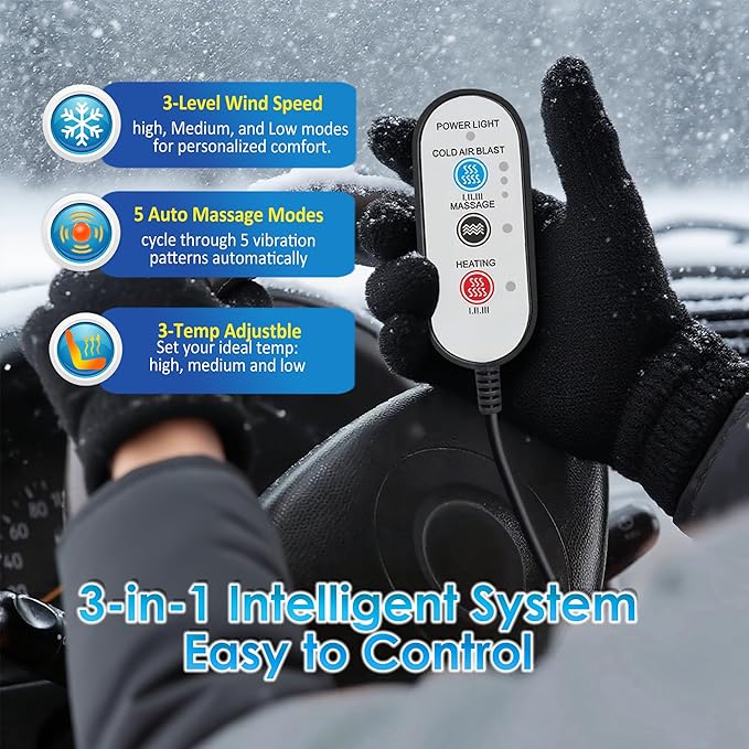 3-in-1 Cooling Car Seat Cushion with Massage, 16 Fans Ventilated Seat Cooler, 12V Front Seat Summer Cooling Seat Cover for Car SUV Truck, Fits All Seasons (Black)